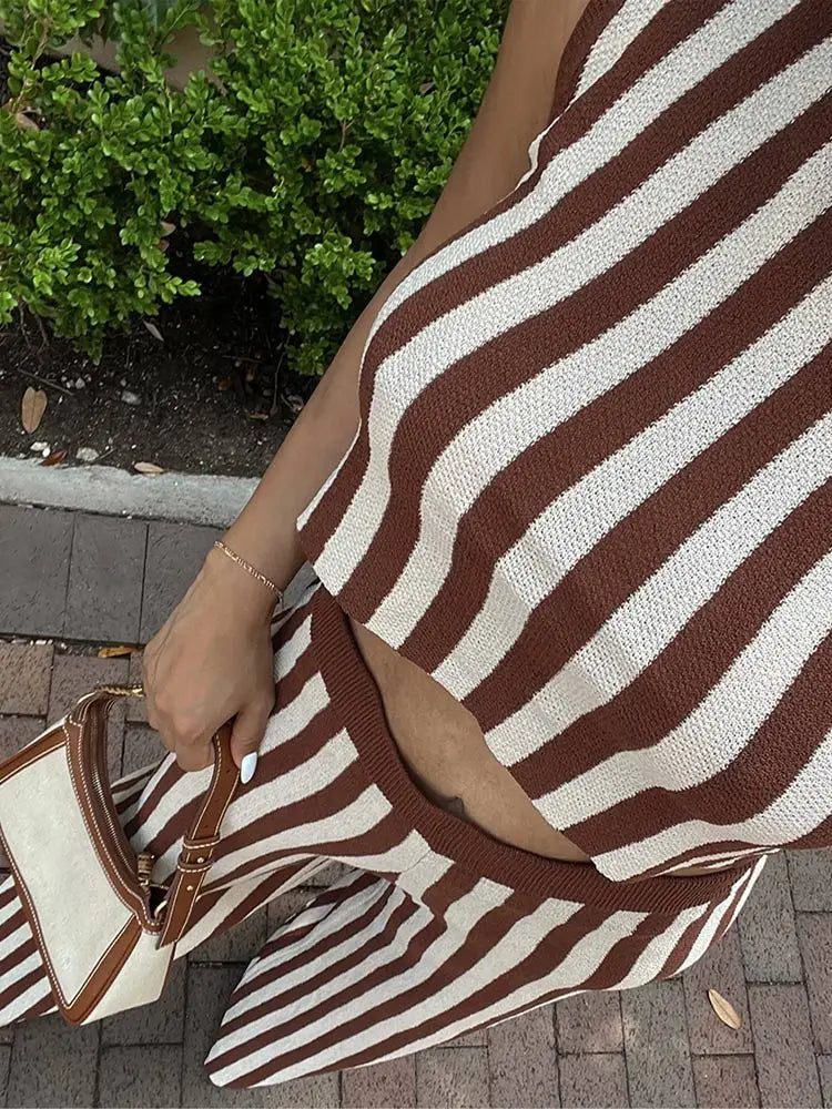 MQTIME - Fashion Striped Printed Sleeveless Women Tops Suits Casual O Neck Straight Pants Sets 2024 New Chic Female Office Outfits