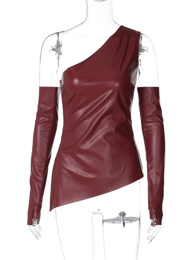 MQTIME - Autumn PU Off-Shoulder Tank Top Cropped Top Female Long Sleeve Slim Solid Patchwork Streetwear Women's Y2k Top Tee 2024