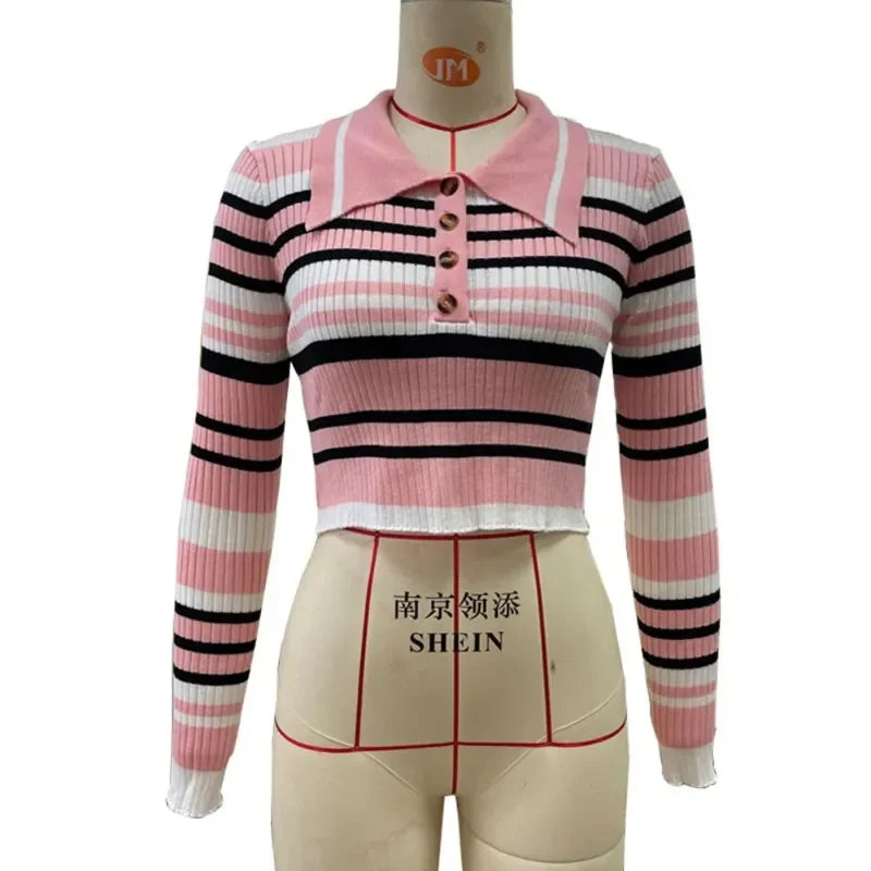 MQTIME - 2024 Autumn Winter Neck Knit Sweater Crop Top Female Turn-Down Collar Long Sleeve Sexy Striped Top Women Y2K Streetwear YDL43
