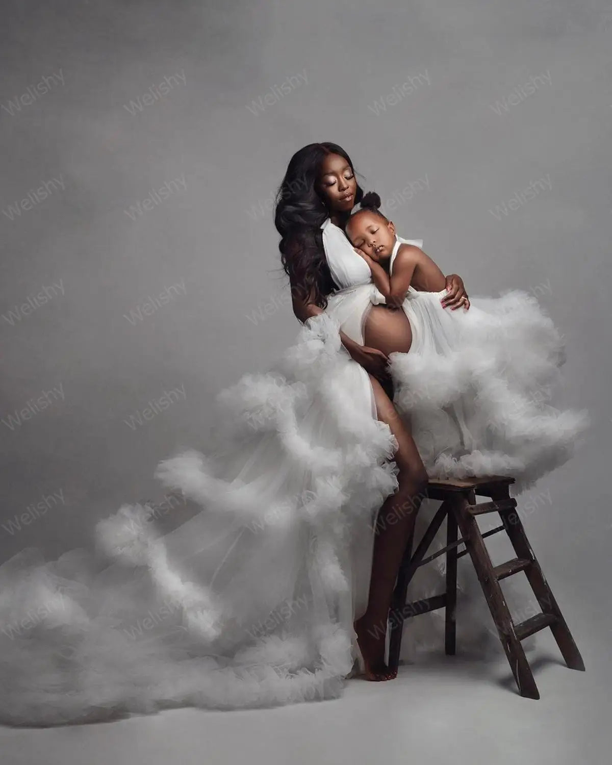 nvxiot - Sexy Bathrobe Robe Night Bathrobe For Mother and Daughter Tiered Pleated Long Dress Tulle Maternity Women Photo ShootCustom
