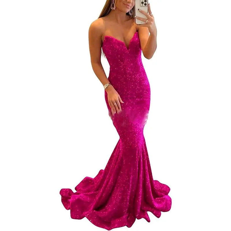 MQTIME - Elegant Mermaid Women Evening Dresses Sequins Court Train V Neck Prom Party Gowns Formal Bridal Dress