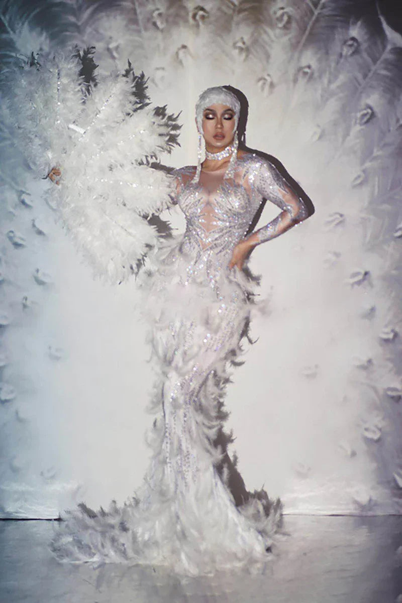 nvxiot - Maternity Photography Dress Rhinestone High Elastic Fabric Stitched Gauze Feather Skirt Sexy Maternity Dress For Photo Shooting