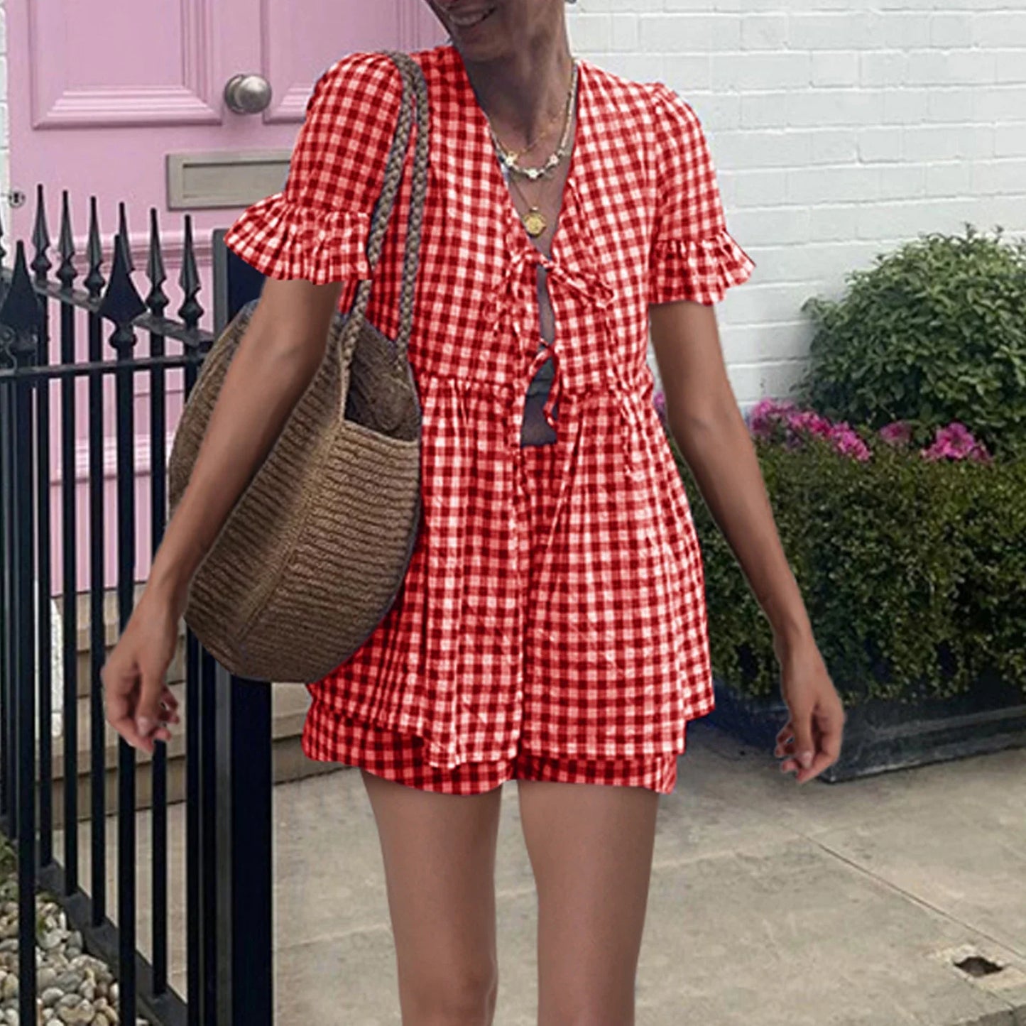 nvxiot - Women's Summer Plaid Outfits Ruffled Short Sleeve Tie-Up Front Peplum Tops with Elastic Waist Shorts Set Streetwear