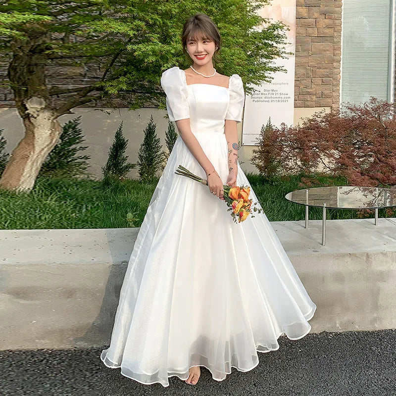 MQTIME - Wedding Party Dress Puff Sleeves French Style Simple Square Collar Dreamy Evening Dresses Grace Romantic Gentle Fashion Gown New