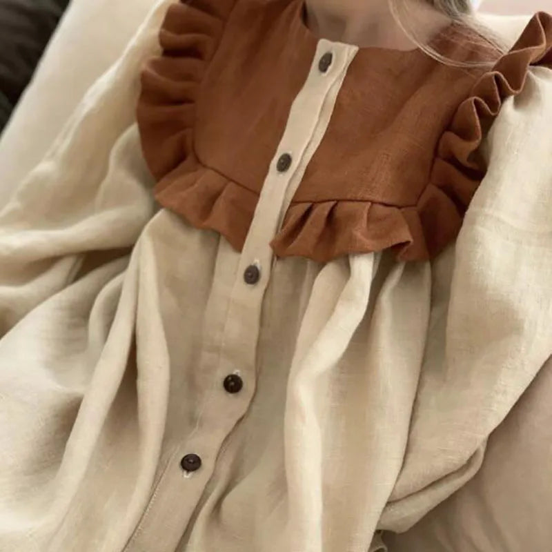 MQTIME - Spring Girls Dress Ruffle Sleeve Kids Dress for Girl Long Sleeve Linen Clothes