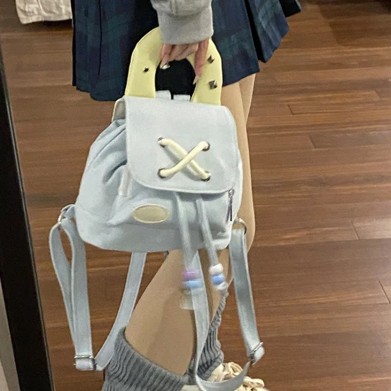 nvxiot - Denim Small Backpack Korean Fashion Harajuku Style 2024 New Student Backpack Sweet Cute Casual Luxury Female Kawaii Bag
