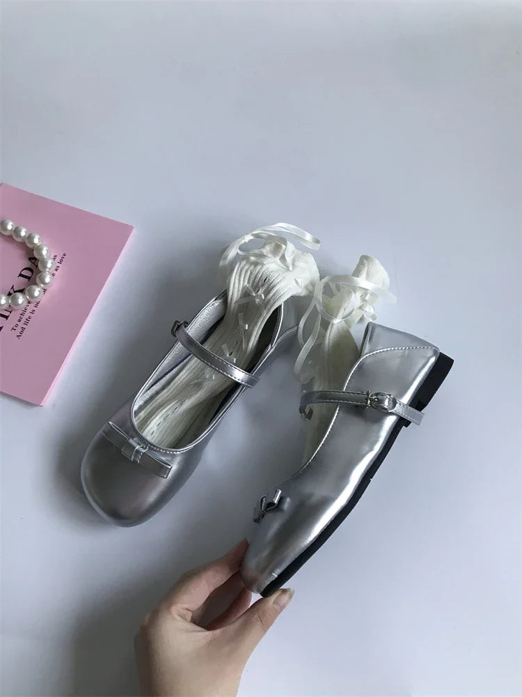 MQTIME - Silver French Fashion Bow Flat Women's New Summer Retro Pu Leather Shoes Elegant Feminine Lolita Mary Jane Shoes