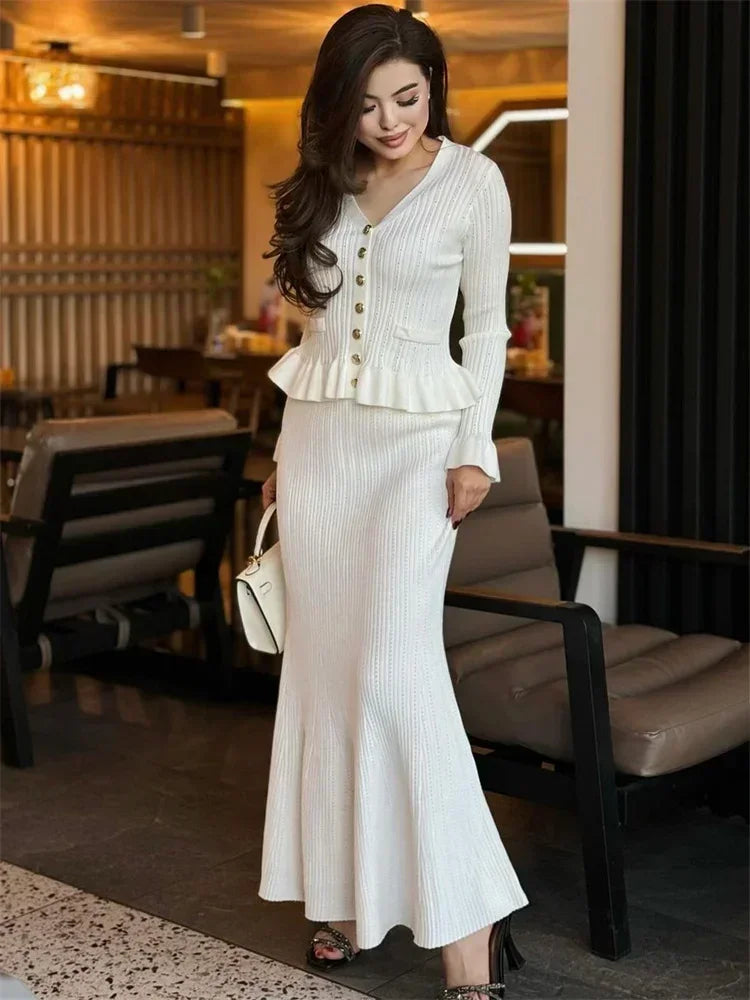 nvxiot - Ruffled Fashion Knit Maxi Dress Women's 2 Piece-Set V-Neck Hollow Out Patchwork Elegant Party Dress Female Knitwear Dress