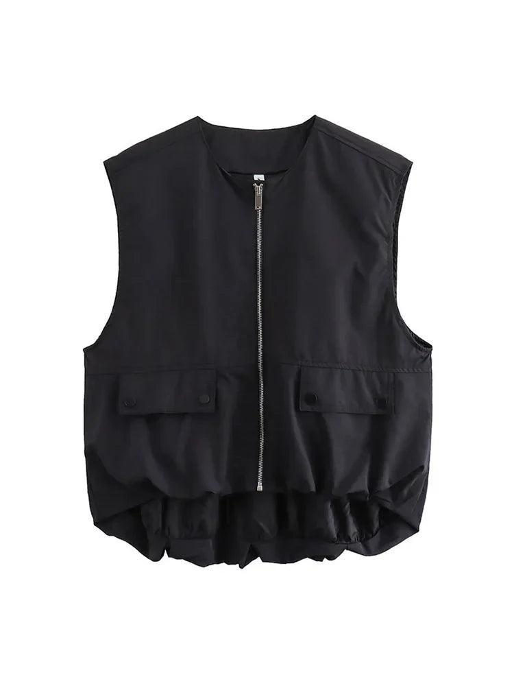 MQTIME - Fashion Zipper Pocket Sleeveless Vest Women Elegant Round Neck Loose Short Waistcoat Casual 2024 Autumn New Lady Street Tops