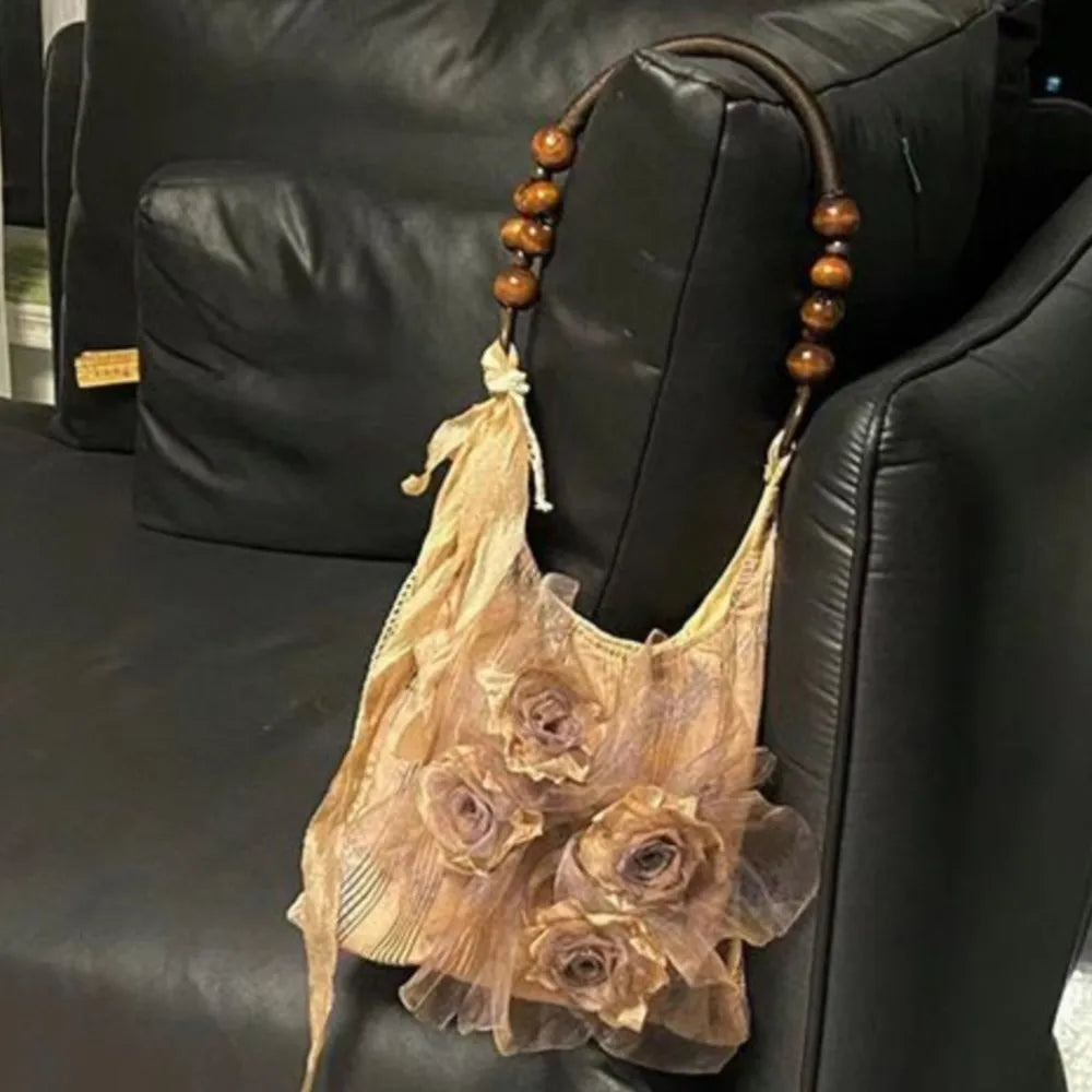 nvxiot - Fairy Core Rose Handbag Women Vintage Chinese Style Folds Chic Black Shoulder Bags Ladies Retro Sweet Cool Y2k Purses