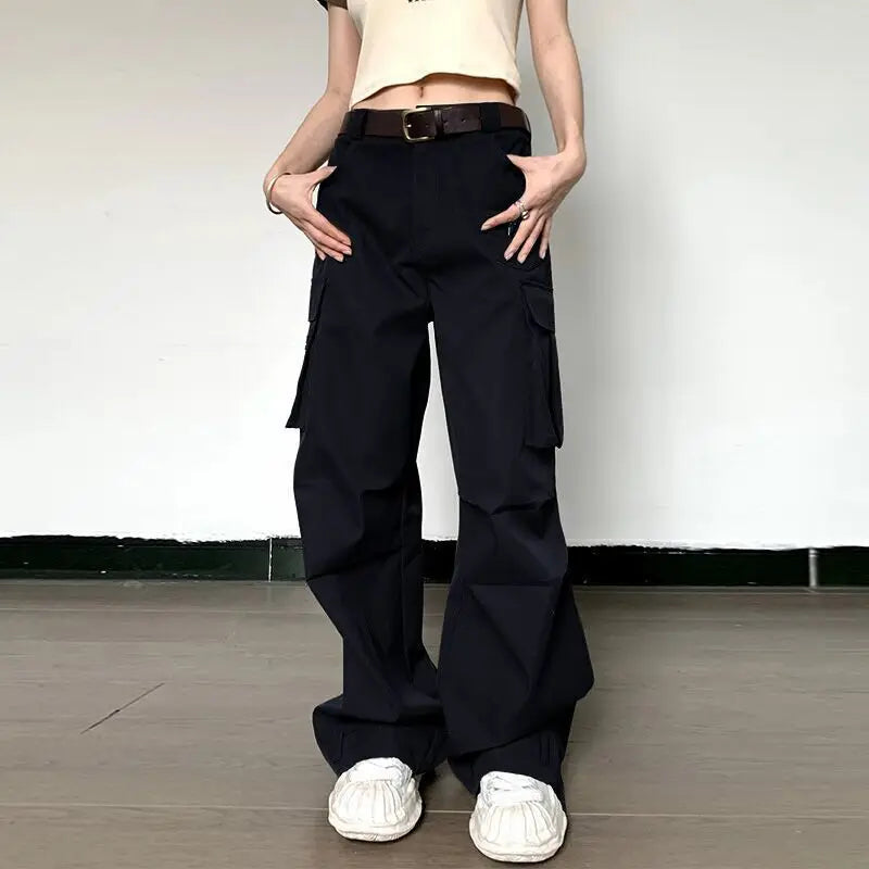 nvxiot Summer Vintage Loose Cargo Pants Women Fashion High Waist Wide Trousers Streetwear New Full Length Casaul Pants Pocket