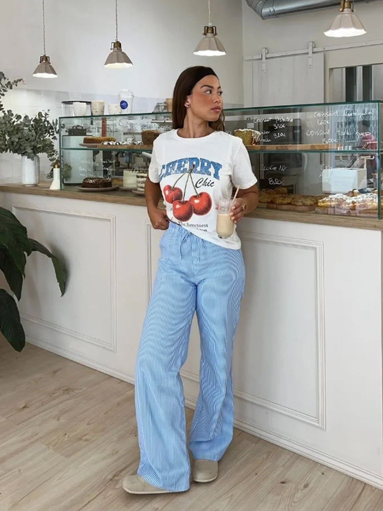 nvxiot - women's 2024 summer new loose casual pants elastic mid-waist wide-leg pants straight striped trousers 6929/410