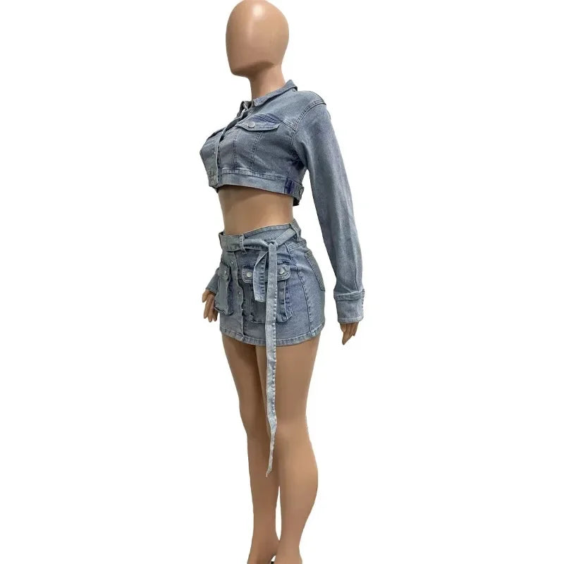 nvxiot - Women Jeans Cargo Two Piece Set Turn Down Collar Long Sleeve Single Breasted Crop Jackets Top Pockets Belt Mini Skirts Suits