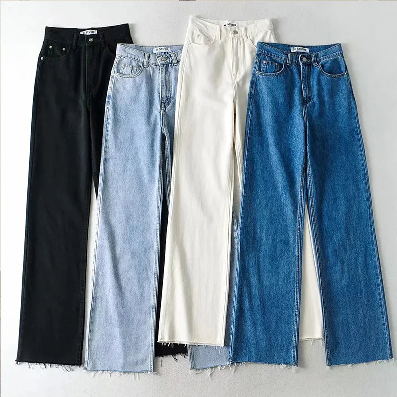 nvxiot Jeans women straight leg new high-waisted landing loose casual wide-leg pants simple street fashion women's denim trousers