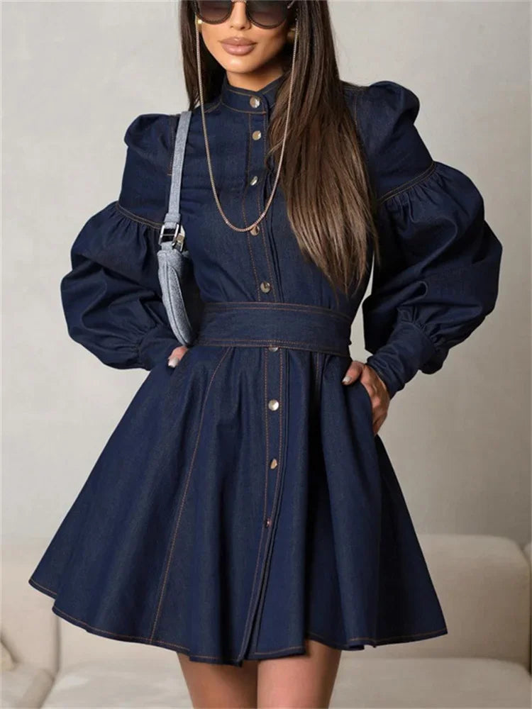 MQTIME - Fashion Lace-Up Denim Mini Dress For Women Patchwork High Waist Bandage Jean Streetwear Female Slim Casual Dress Autumn