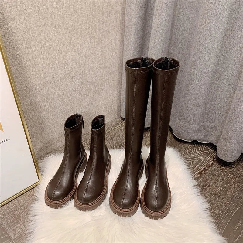 nvxiot - Women's Long Boots Autumn/Winter Thick Sole Round Toe Fashion Versatile Inner Heightening British Brown Knight Boots Women