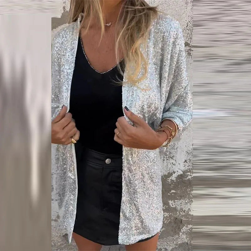 MQTIME - 2024 Women's Elegant Commuting Coat Spring Autumn Thin Sequined Long Sleeved Cardigan Fashion V-neck Solid Color Slim Fit Jacket