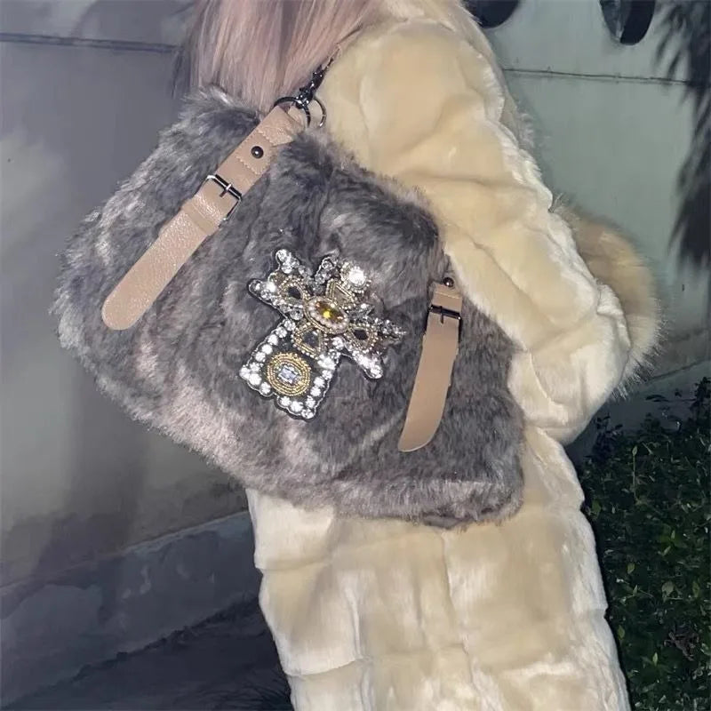 nvxiot - Y2k Womens Shoulder Bag Autumn and Winter Fashion Crucifixion Vintage Tote Bag Harajuku Rhinestone Large Capacity Handbag