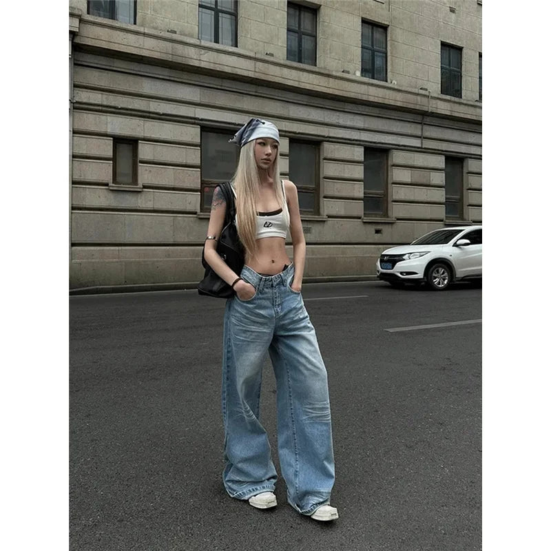 MQTIME - Blue Women Jeans High Waist Fashion American Vintage Streetwear Y2K Casual Wide Leg Jean Female Denim Trouser Baggy Denim Pants