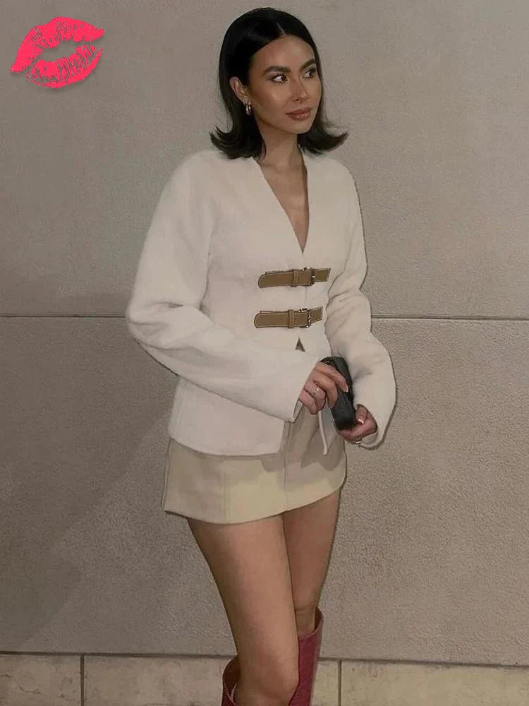 nvxiot - Lace-Up V-Neck Fashion Outwear For Women Patchwork High Waist Cropped Elegant Party Clothes Autumn Bandage Coat Y2k Top