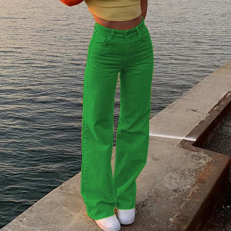 nvxiot Casual High Waist Pockets Rivet джинсы женские Wide Leg Pant Vintage Slim Macaron Color Office Ladies Jeans Korean Fashion