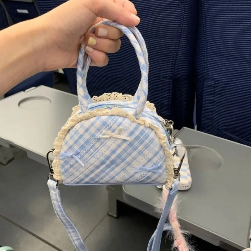 nvxiot - Plaid Blue Handbags for Women Small Cute Bow Sweet Fashion Designer Shoulder Bag Harajuku Literary Kawaii Ladies Coin Purse