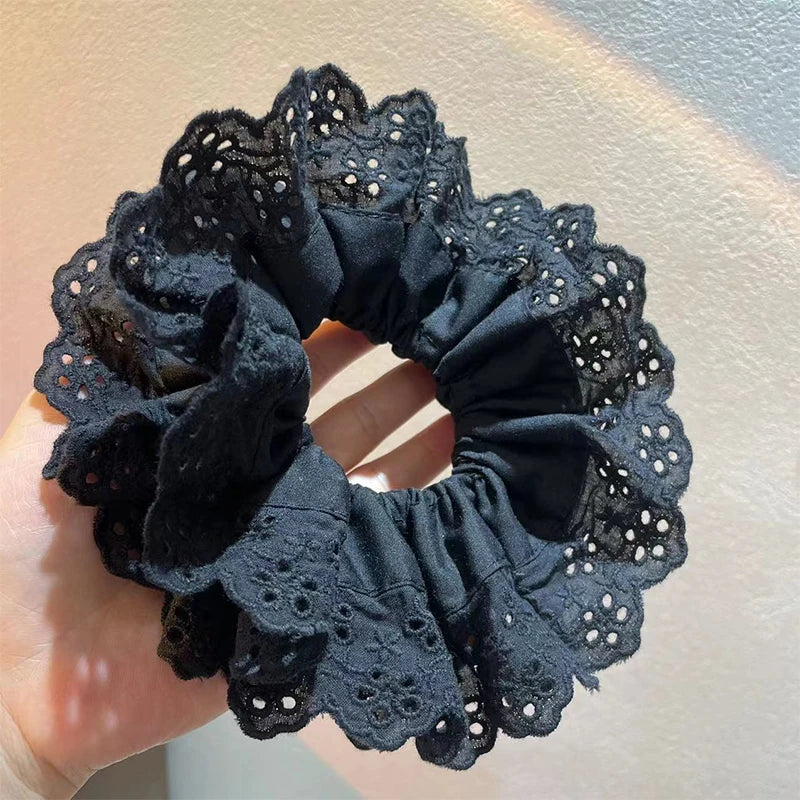 nvxiot - Retro Korean Flower Lace Scrunchies Four Layer Women Girls Exquisite Elastics Plaid Large Intestine Hair Holder Sweet INS Access