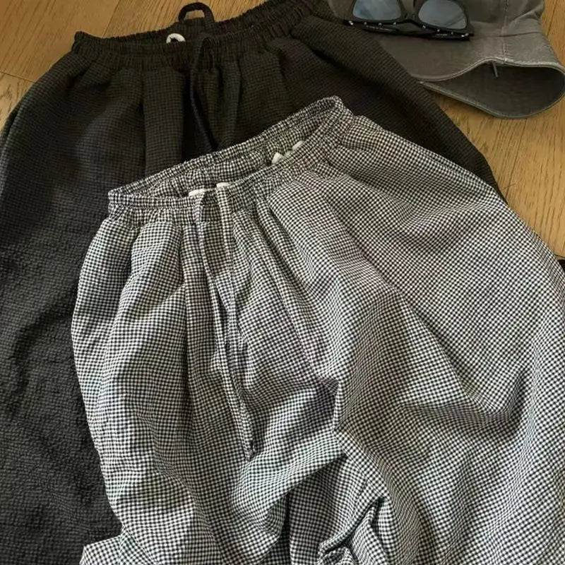 nvxiot - Spring New Korean Style Home Wear Casual Lazy Small Plaid Loose Wide Leg Pants for Women High Waist Sportpants Women Clothing