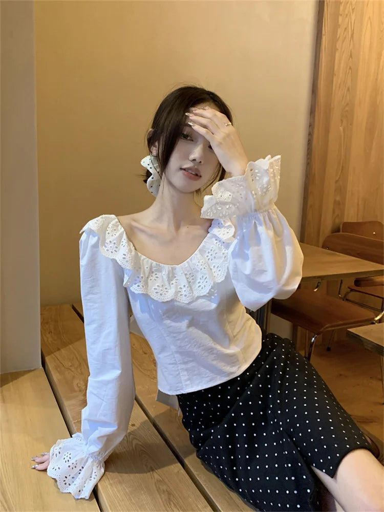 nvxiot - French Style Backless Long Sleeved Shirt for Women Summer Bow Short Blouse Elegant White Ruffled Top Blusas Femininas Elegantes