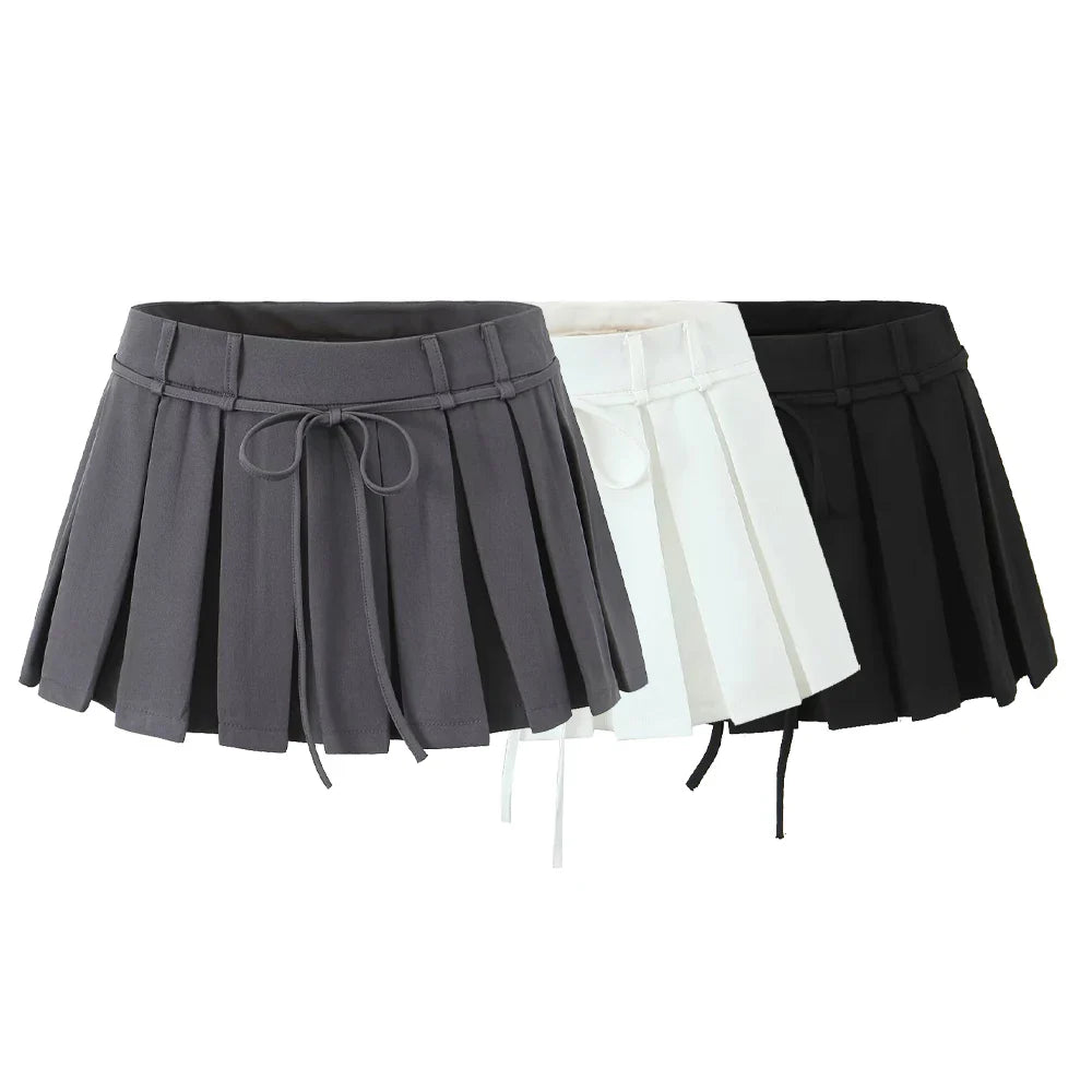 MQTIME - 2024 Summer New Product Women's Retro Strap Design Solid A-line Mid Waist Pleated Half skirt
