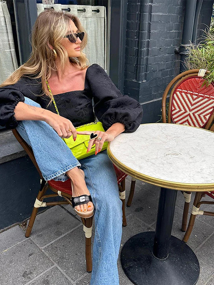 nvxiot - Embroidery Lace Up Puff Sleeve Shirts Women Loose Solid Female Blouses 2024 Summer Fashion Elegant Square Collar Lady Slim Tops