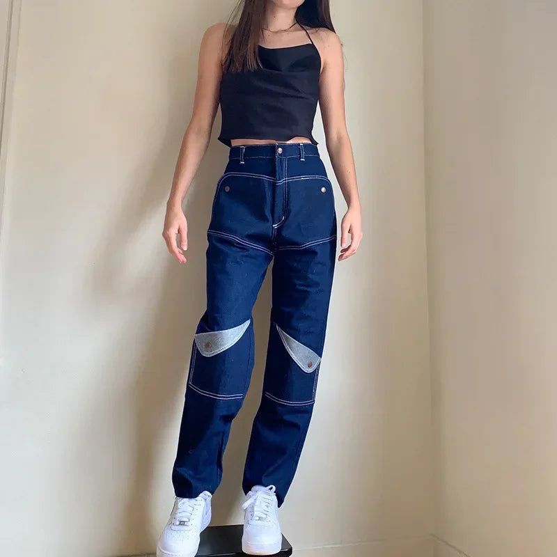 nvxiot - Street Fashion Contrast Colors Open-line High Waist Straight Pants Women Unique Pocket Design Patchwork Jeans Indie Denim Pants