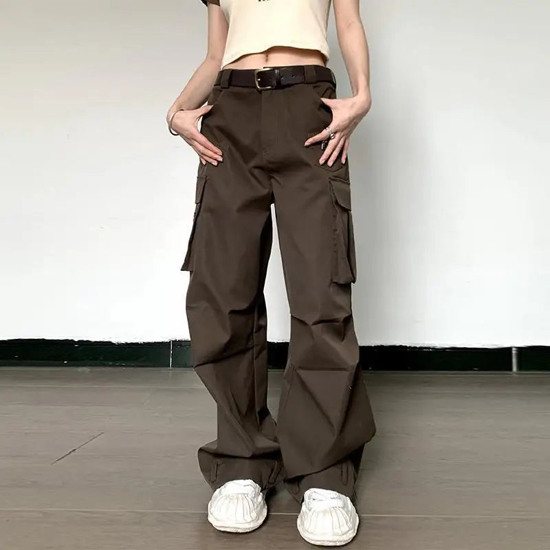 nvxiot Summer Vintage Loose Cargo Pants Women Fashion High Waist Wide Trousers Streetwear New Full Length Casaul Pants Pocket