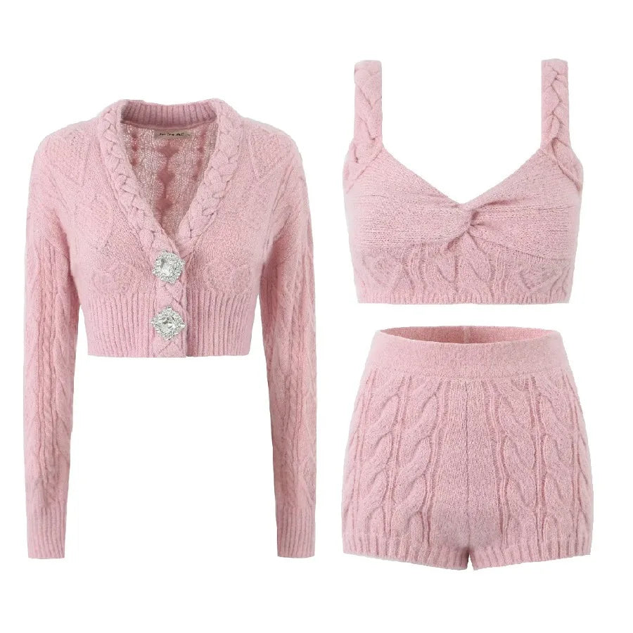 MQTIME - Two Pieces Set, 3 Piece Set, Solid Outfit Button Crystal Rhinestone Sweater Coat Crop Top, Elastic Waistband Short Tracksuit y2k