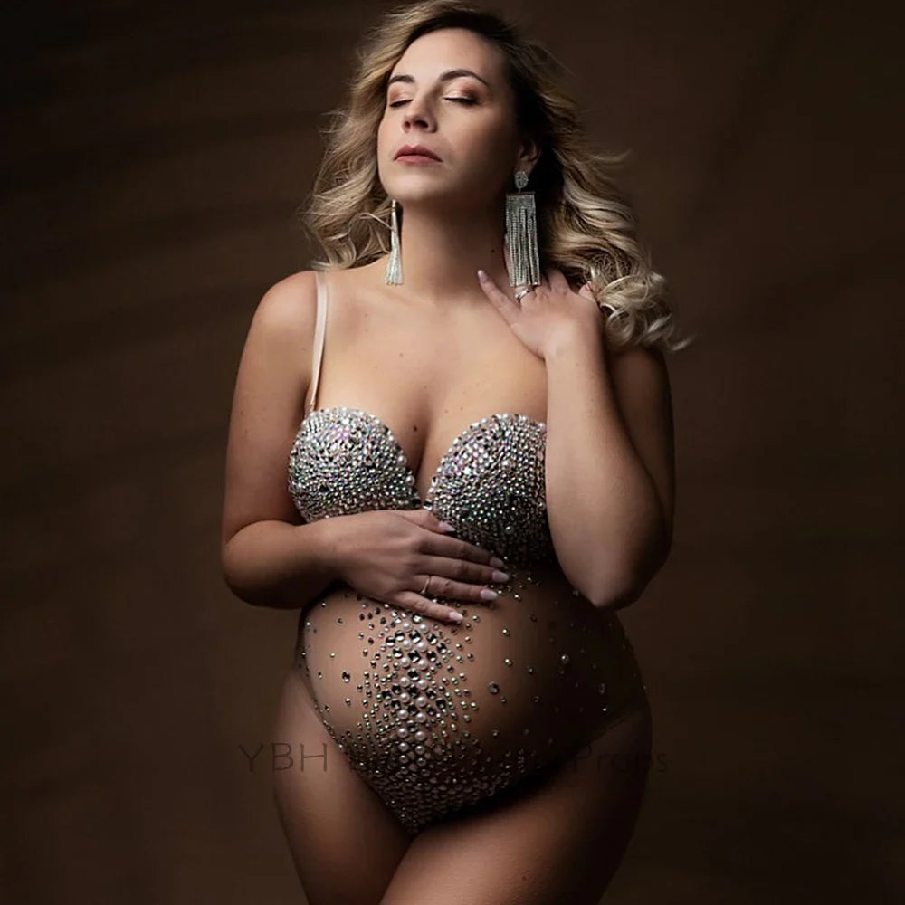 MQTIME - Maternity Bodysuit Photography Props Clothes Sexy Black Pregnant Women Rhinestones Stretch Jumpsuits For Photo Shoot Props