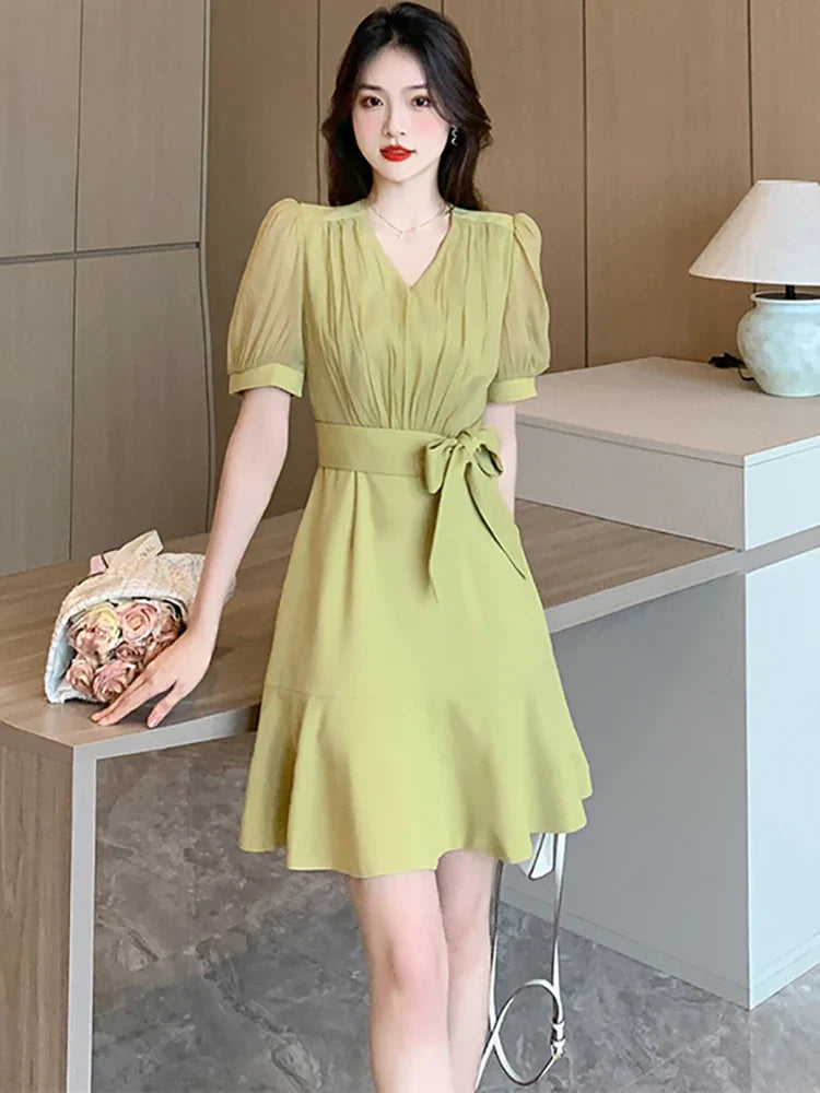 MQTIME - Summer Pink Short Sleeve V-Neck Mini Dress Women Green Elegant Chic Ruffled Mermaid Dress 2024 Solid Bodycon Party Evening Dress