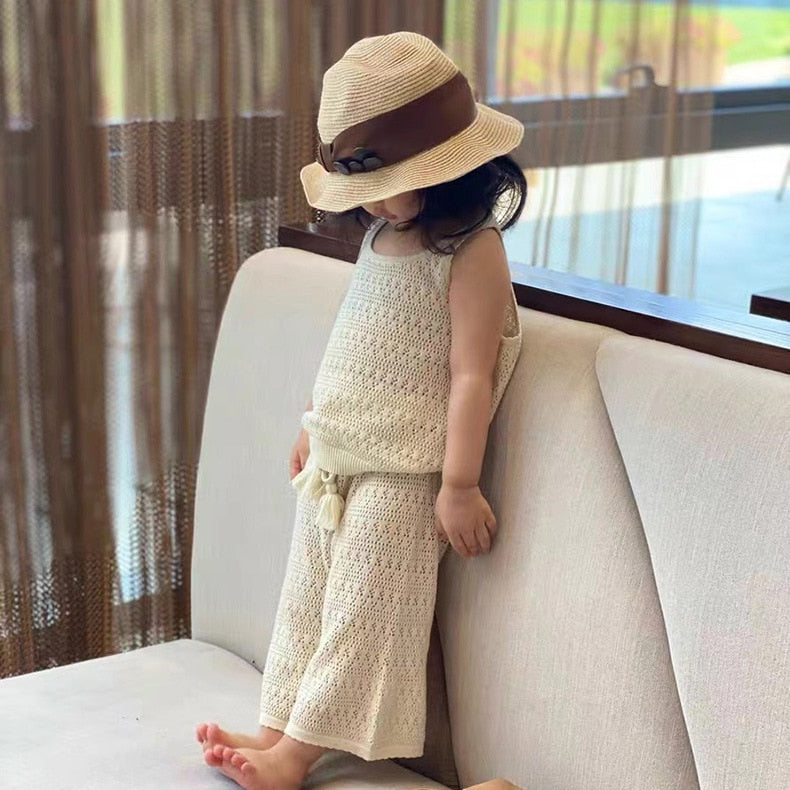 nvxiot Summer Baby Clothes Fashion Hollow Lace Design Knit Sleeveless Pullovers Top Vest Tassel Elastic Wide Leg Pants Kids Clothing