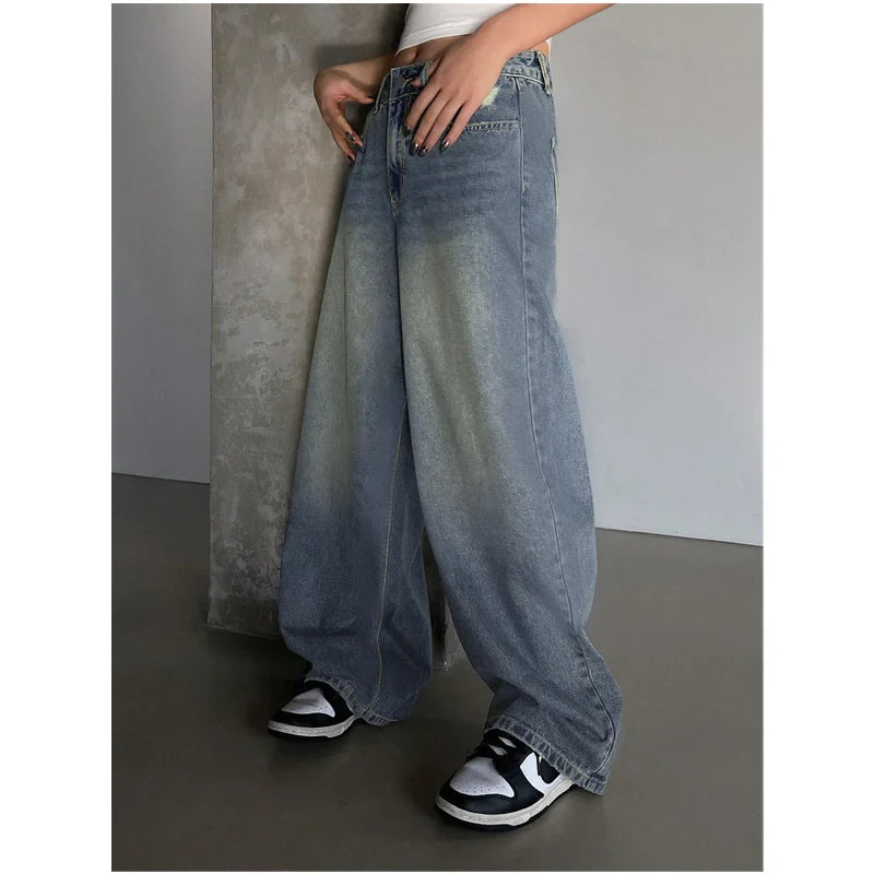 MQTIME - Blue Womens Jeans High Waist Vintage Straight Summer Plus Size Y2K Denim Pants Streetwear American Baggy Wide Leg Denim Trouser