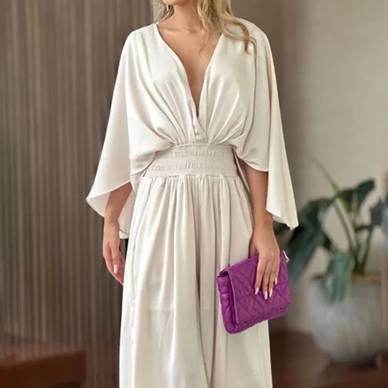nvxiot Women Jumpsuit Sexy V Neck Solid Color Bat Long Sleeve Nipped Waist Loose Wide Legs Casual Pants Romper High Streetwear