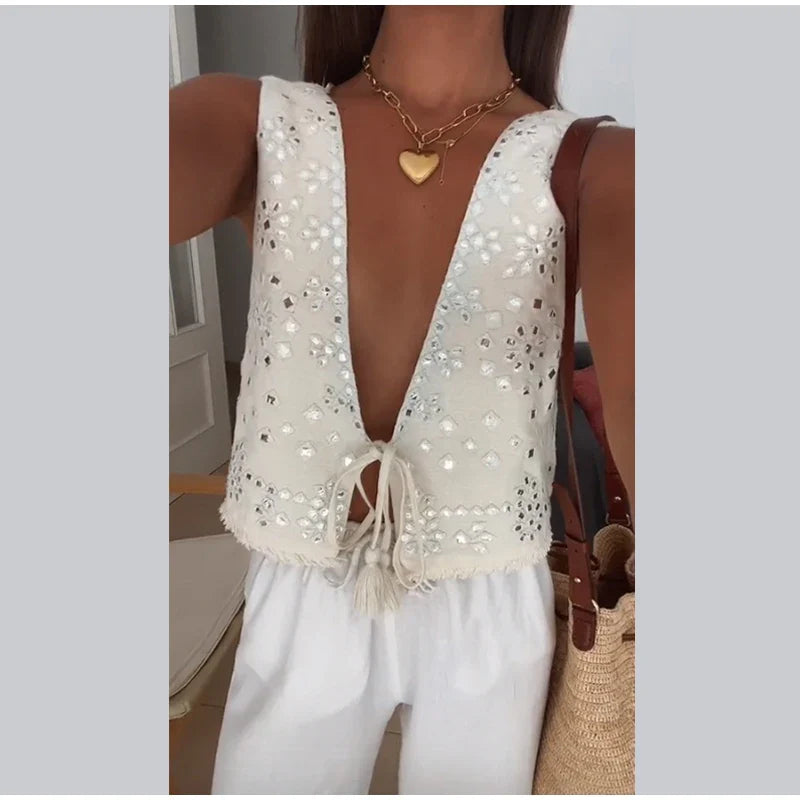 MQTIME - Sequins Spliced Ruffles Skirt Set 2 Piece Women Sexy V Neck Sleeveless Lace Up Crop Top High Waist Skirts Suits Lady Streetwear