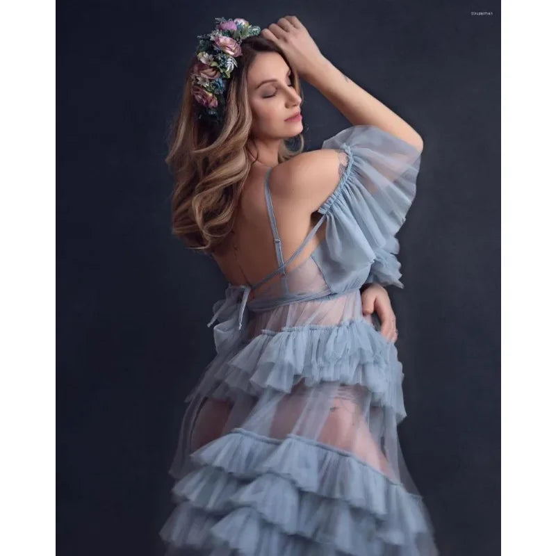 nvxiot - New Wraps Sexy Shoulder Sleepwear Pography Tiered Skirts Short Sleeve Nightdress Pregnant Women Fancy Pregnancy Dress
