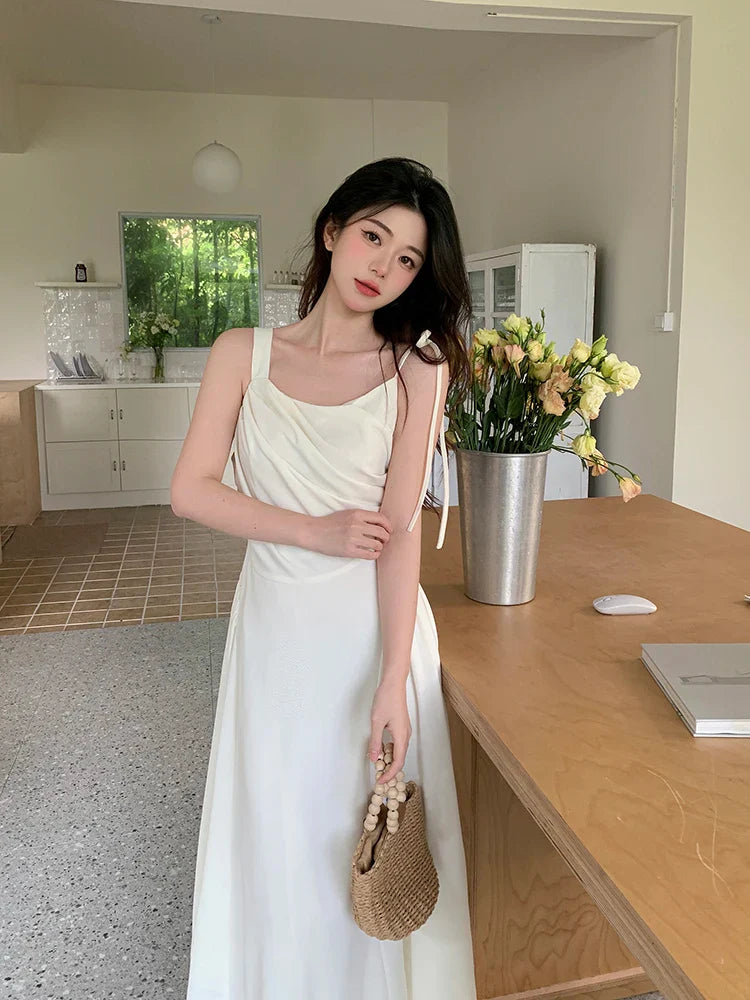 MQTIME - 2024 Summer New Design Sense Large Sling Dress Solid Color Versatile Sleeveless Pleated Long Short Skirt for Women