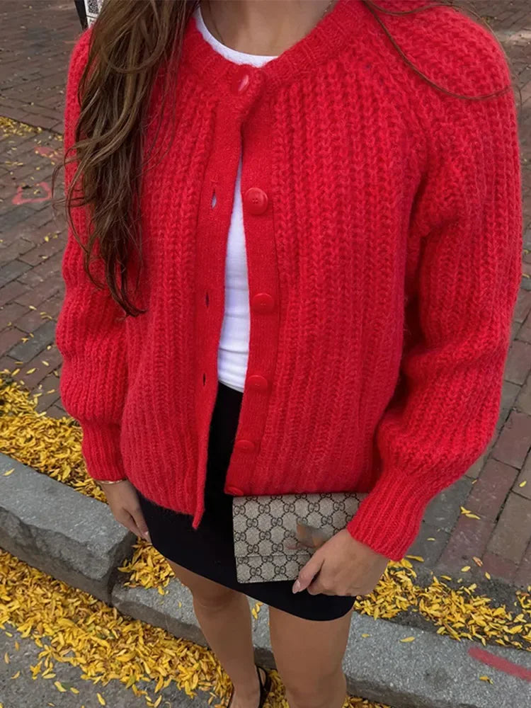 MQTIME - Fashion Solid Twisted O-neck Knitted Cardigan Women Causal Long Sleeve Single Breasted Sweater Coat Autumn New High Streetwear