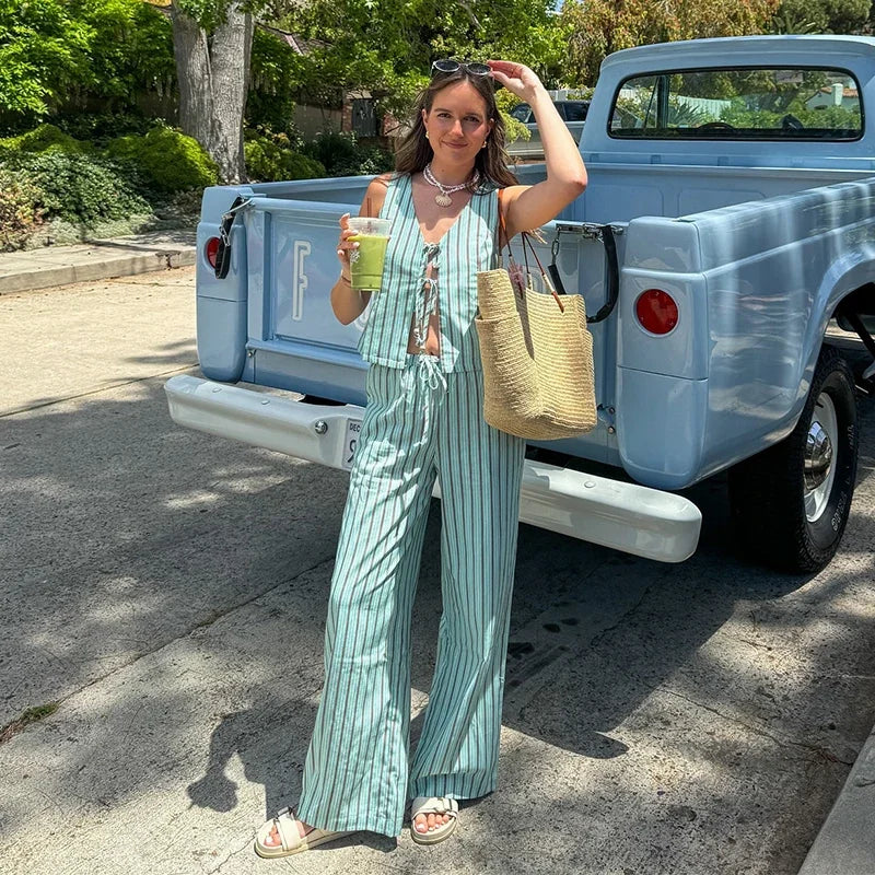nvxiot - Striped Pants Suit Two-Piece Set 2024 Summer Lace Up Hollow V-neck Vest Drawstring Wide Leg Trousers Sets Fashion Lady Outfits