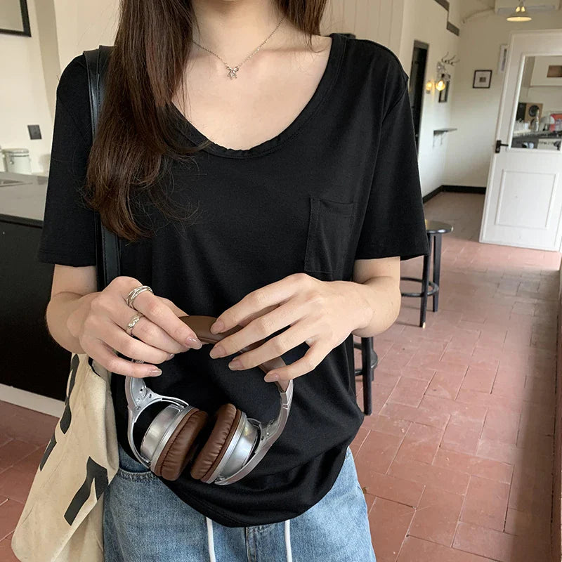 nvxiot - Round neck white shoulder short sleeved T-shirt 2024 spring/summer new casual versatile chic pocket design feeling lazy top