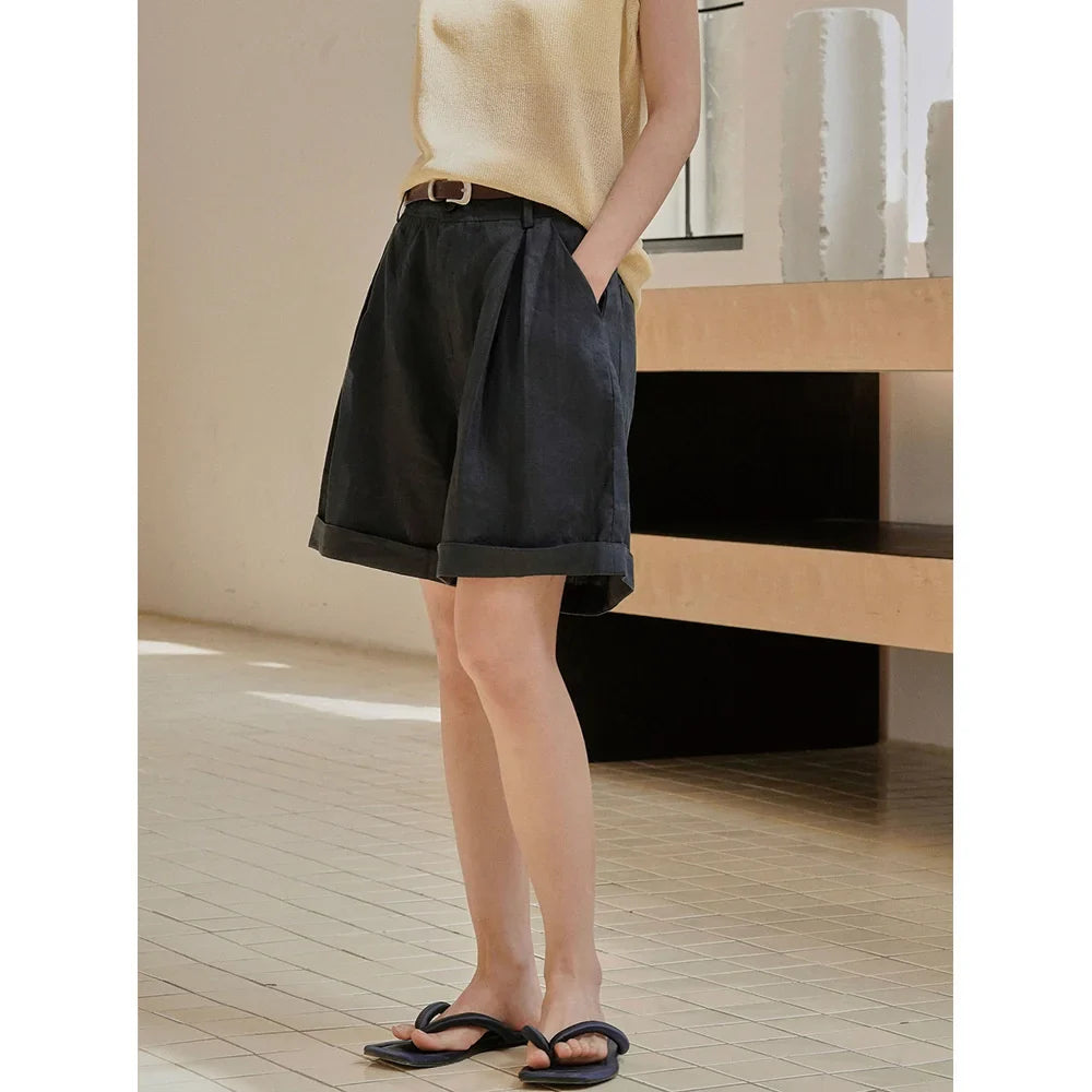 nvxiot - Summer Korea Style Lazy Linen Curled Shorts Wide Leg Loose Slim Casual Hot Pants For Women