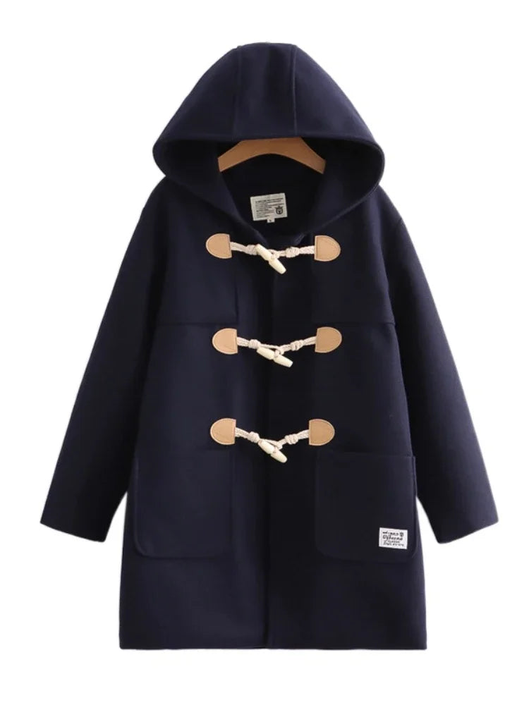 nvxiot - Winter Women Wool Blends Coat Straight Long Hooded Coats Jacket Horn Button Sleeve Preppy Style Female Warmness Outwears