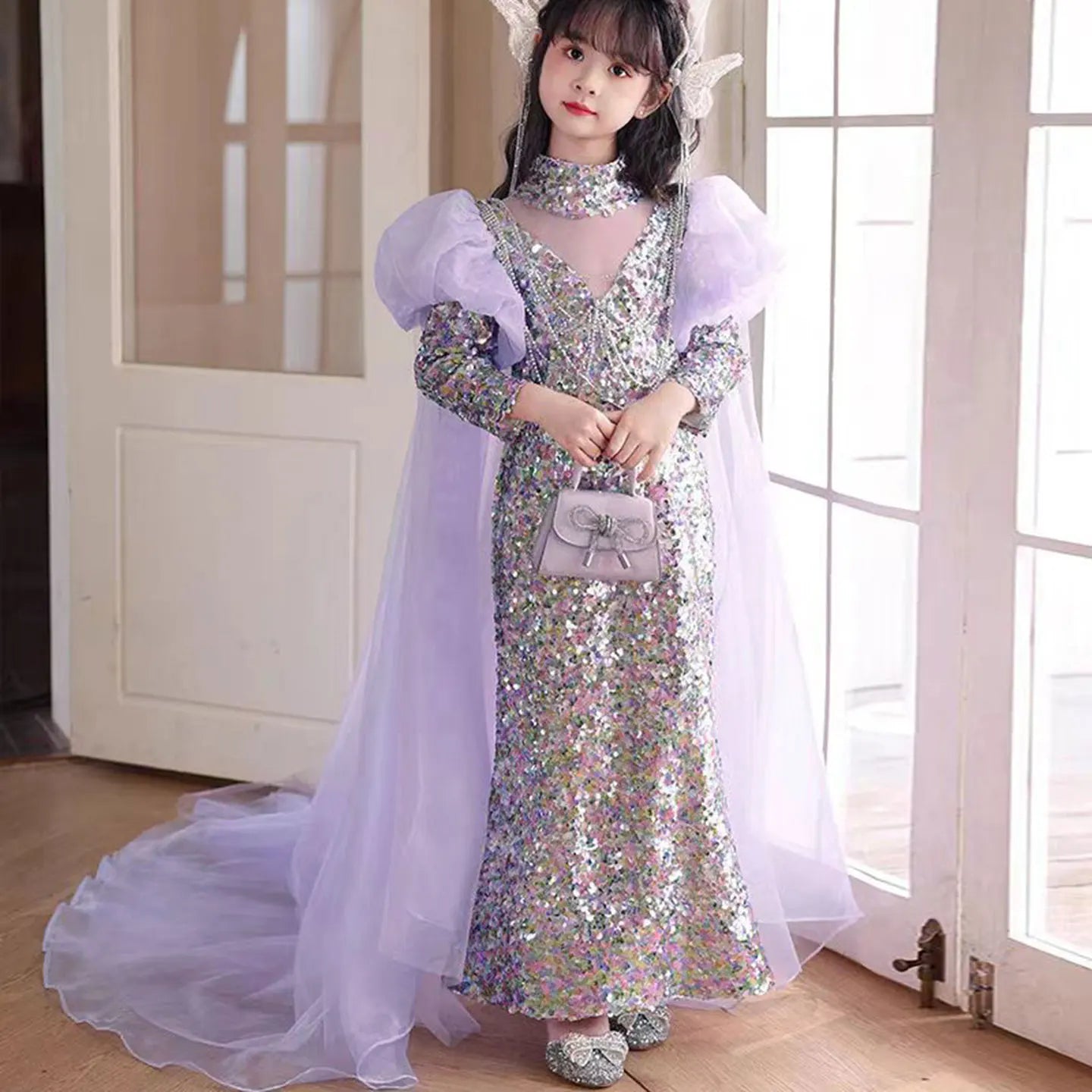 MQTIME - Shiny Lilac Girl Dress Sequined with Cap Kids Princess Gown for Birthday Wedding Holy Communion Party Honors Day J076