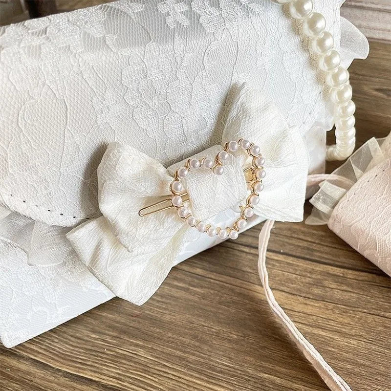 nvxiot - Lace Elegant Shoulder Bag for Women White Bow Cute Pearl Lolita Jk Handbag Original Exquisite Literary Fashion Armpit Bag