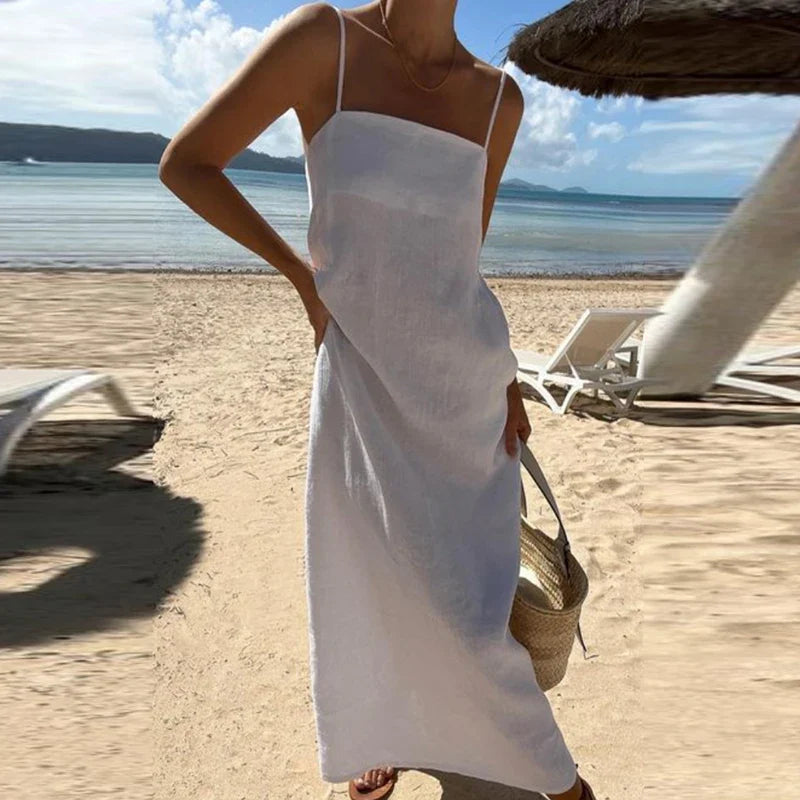 MQTIME - Summer Solid Color Cotton Linen Long Dress Fashion Slash Neck Holiday Beach Sling Dress Casual Sleeveless Simple A-line Dresses